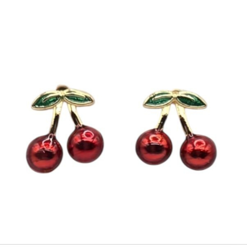 Small red cherry earrings, stainless steel and gold plated, gold color